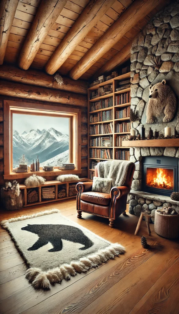 A cozy mountain cabin book nook, featuring a stone fireplace, large wooden bookshelves, and a soft leather armchair. The nook is surrounded by rustic decor, such as wool throws, a bear rug, and pinecone accents. Through the window, the view shows a snow-capped mountain landscape, creating a warm and inviting retreat for reading in a winter wonderland.