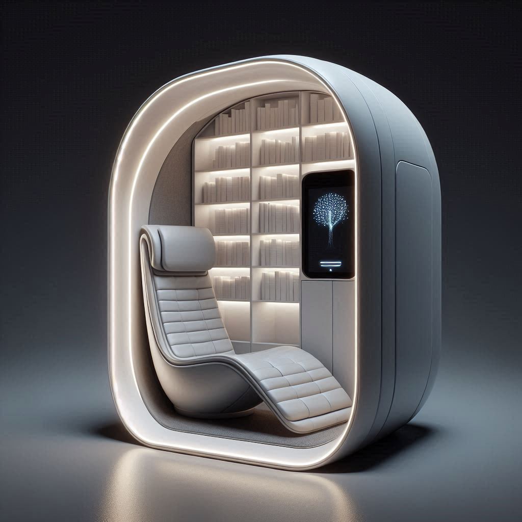 A sleek, futuristic reading pod with smooth, white, curved walls, ambient LED lighting that shifts colors, a reclining seat built into the structure, and a digital bookshelf interface on the side. The setting feels like a quiet reading escape on a spaceship or high-tech sanctuary.