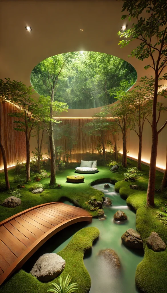 A serene forest-themed meditation room. The room is designed to mimic a forest clearing with artificial trees and plants around the edges, creating a natural environment. The floor is covered with soft, green turf, and a gentle stream of water flows through a small artificial brook. A wooden bridge crosses the brook, leading to a circular seating area in the center with a moss-covered meditation cushion. The lighting is soft and mimics dappled sunlight through leaves, enhancing the immersive forest experience.