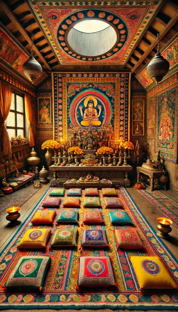 A traditional Indian meditation room, rich in cultural elements. The room features a floor covered with intricate, handwoven Indian rugs. The walls are adorned with colorful tapestries depicting Hindu gods and spiritual symbols. At the center, a low wooden platform holds a variety of meditation cushions in vibrant colors. Brass lamps and incense holders add an authentic touch. A small altar is set up with statues of deities, surrounded by marigold flowers and diyas (oil lamps). The space radiates warmth and spirituality.