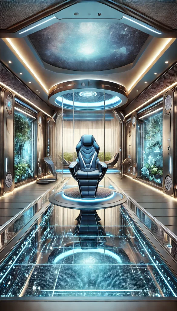 A futuristic meditation room with high-tech features. The room has sleek, metallic surfaces and integrated LED lighting that changes color to set the mood. The centerpiece is a zero-gravity chair that adjusts to different positions for optimal comfort. The walls are equipped with interactive digital displays that show calming nature scenes. The floor is a clear glass with soft, blue lighting underneath, creating the illusion of floating. A state-of-the-art sound system plays ambient, soothing music, enhancing the futuristic atmosphere.