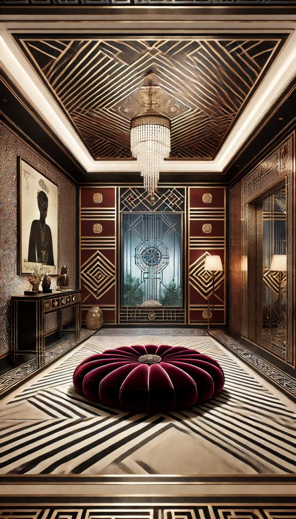A luxurious meditation room with art deco influences. The room features bold geometric patterns on both the wallpaper and the floor tiles. A large, plush velvet meditation cushion sits at the center of the room, in a rich jewel tone. The walls are adorned with framed art deco posters and mirrored panels, reflecting light and adding depth. A striking crystal and metal chandelier hangs from the ceiling, providing soft lighting. The room also includes a sleek, black lacquer console table with vintage art deco items like a statuette and vases.