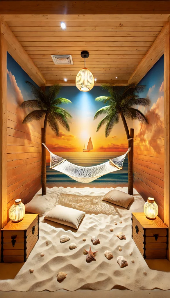 A beach-themed meditation room with a relaxing coastal vibe. The floor is covered with soft, white sand, and a simple hammock is hung between two faux palm trees inside the room. The walls are painted to look like a sunset beach scene, complete with the horizon and distant sailboats. Soft, ambient lighting is provided by lanterns shaped like sea shells. A small wooden chest serves as a storage for meditation supplies, and a gentle, simulated ocean sound plays in the background, enhancing the beach-like atmosphere.