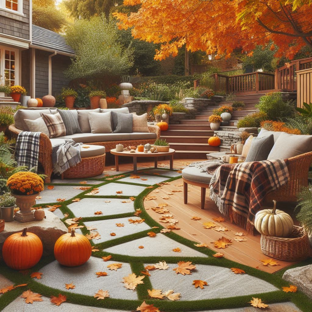 A backyard in early autumn with golden leaves scattered on a curved stone path, cozy outdoor seating with plaid blankets, pumpkins on the steps, and warm natural tones β seasonal charm with minimal effort