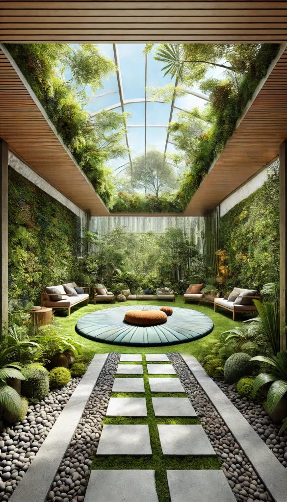 A nature-inspired meditation room with a large indoor garden. The room features a central seating area with a round, earth-toned meditation mat surrounded by lush greenery. A glass ceiling allows natural light to flood in, enhancing the feel of an outdoor space. The walls are covered with vertical gardens, and several tall, leafy plants are scattered throughout. A small, stone pathway winds through the room, leading to a quiet corner with a bamboo water feature that provides soothing sounds of trickling water.