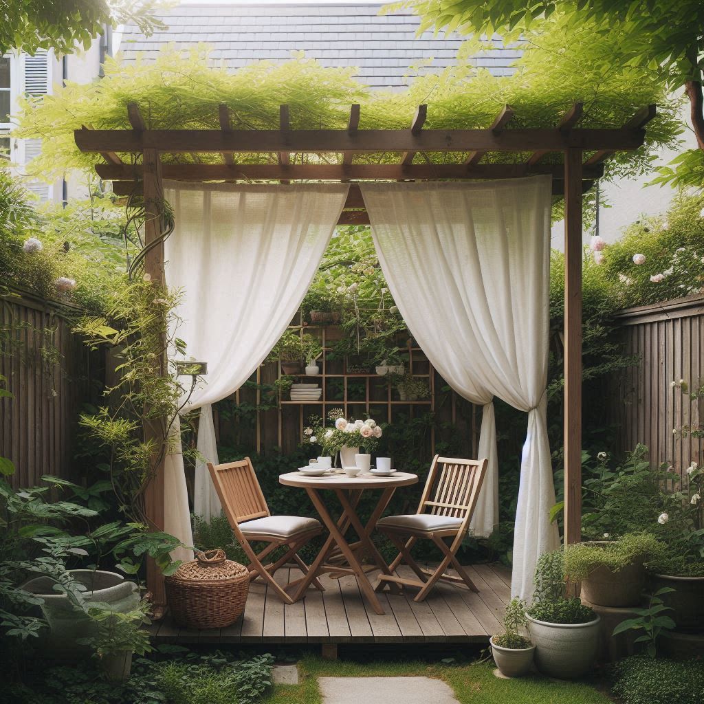 A small backyard patio with a basic wooden pergola, partially covered in climbing vines or sheer white curtains, housing a simple table and chairs underneath β inviting space for outdoor dining or relaxation