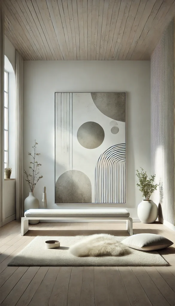 A serene and minimalist meditation space with Scandinavian design influences. The room has clean lines and a monochromatic color palette, primarily white and light gray. A sleek, modern meditation bench is at the center, accompanied by a simple sheepskin rug beneath it. Large, minimalist artwork hangs on the walls, featuring abstract designs in muted tones. The room also includes a tall, narrow window that allows for natural light but maintains privacy. Small, potted succulents are placed around the room, adding a touch of green.