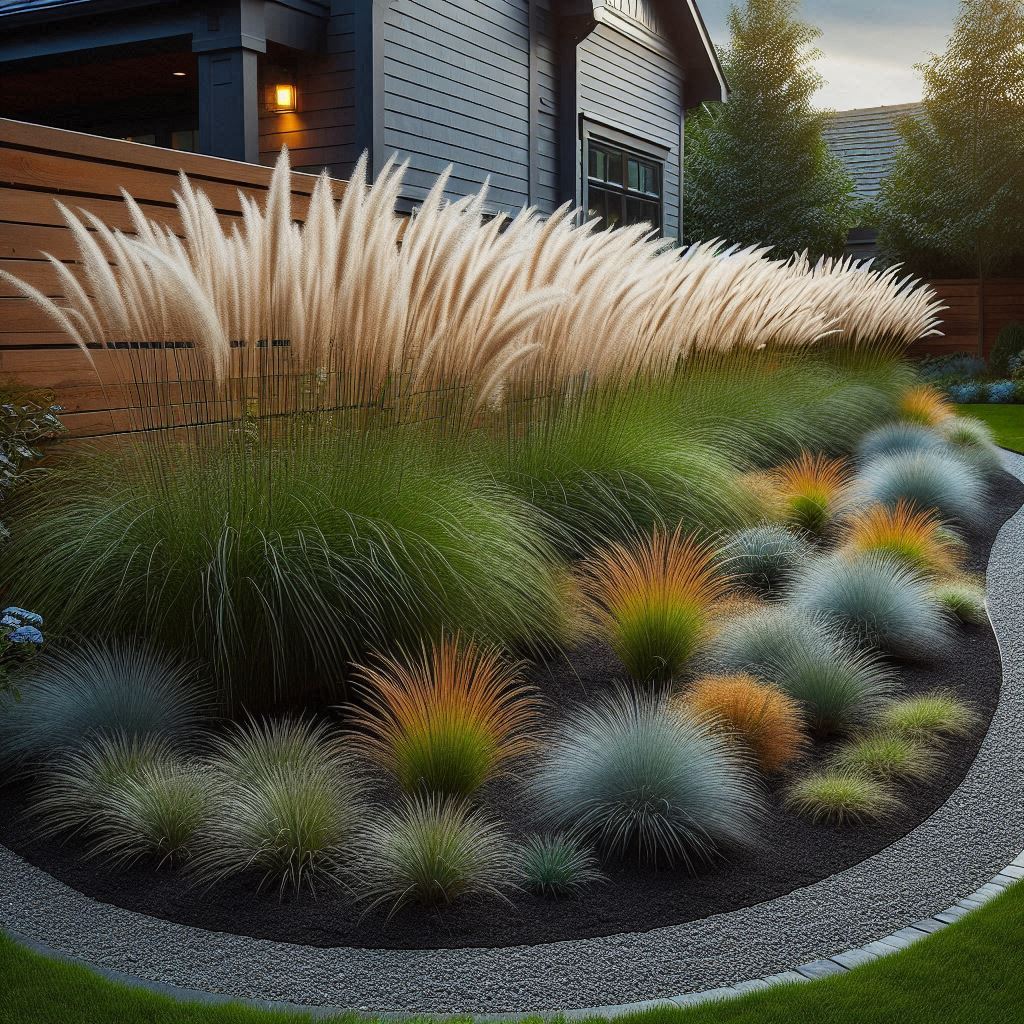 A backyard edge lined with tall ornamental grasses like feather reed grass, fountain grass, and blue fescue, gently swaying in the breeze, with a gravel or mulch bed underneath β low-maintenance, elegant, and naturalistic