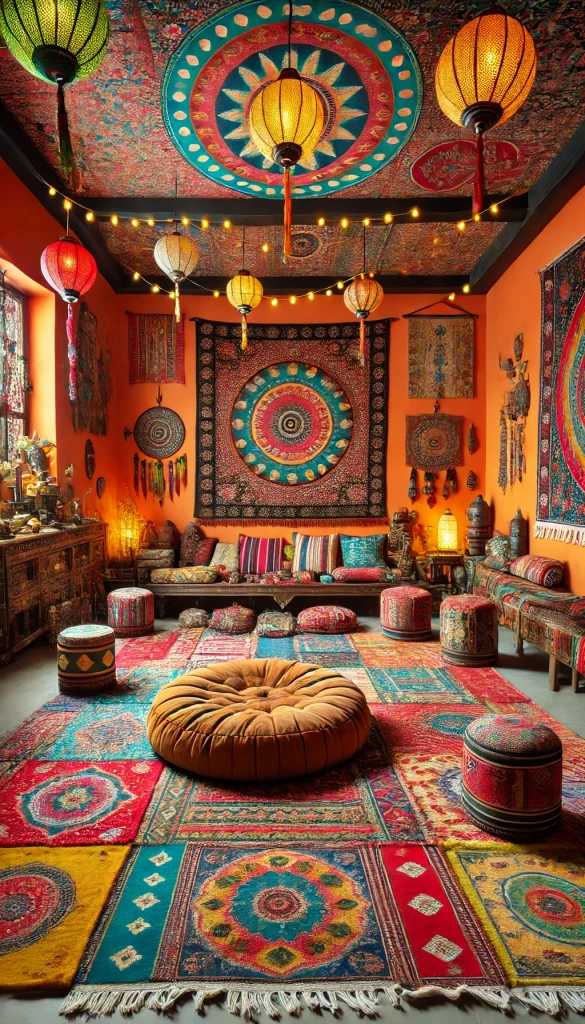 A vibrant and eclectic meditation space that features a mix of global decor. The room has a bright orange accent wall, and the floor is covered with a multitude of colorful, patterned throw rugs. There's a large, plush floor cushion for seating, surrounded by small, ornate stools from various countries. Hanging tapestries and tribal masks adorn the walls, adding to the room's global theme. A string of fairy lights and small lanterns provide a warm, inviting glow. The room also includes a small altar adorned with various cultural artifacts.
