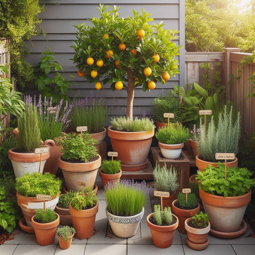 A backyard corner garden with compact fruit trees like lemon or fig in containers, surrounded by herbs in terracotta pots, with simple plant markers β functional, fragrant, and visually pleasing