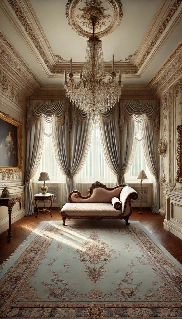 An elegant meditation room with a classic touch. The room features high ceilings and large windows draped with sheer, flowing curtains. The focal point is a Victorian-style chaise lounge, upholstered in a soft, pastel fabric. A delicate crystal chandelier hangs above, casting a gentle light. The walls are adorned with ornate gold-framed mirrors and classic paintings. A plush carpet with intricate designs covers the floor, and a small marble table holds a vintage tea set.