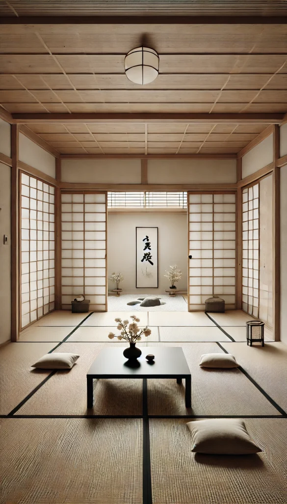A minimalist Japanese-inspired meditation room. The space is designed with tatami mat flooring and sliding shoji screen doors. A central low table holds a simple ikebana flower arrangement. The walls are adorned with traditional Japanese art and calligraphy scrolls. A small zen garden can be seen through the open shoji doors, featuring neatly raked sand and a few large stones. The room is filled with natural light, creating a calm and serene atmosphere ideal for meditation.