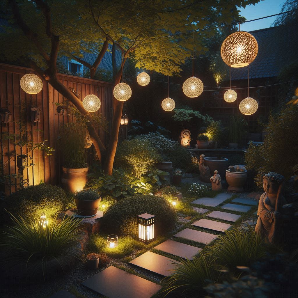 A quiet backyard corner at dusk, illuminated by hanging solar-powered lanterns and ground lights, with low greenery and a few decorative stones or garden statues β atmospheric and easy to install