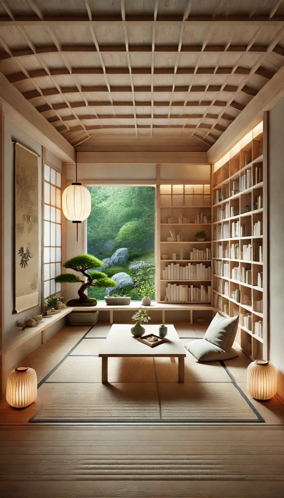A minimalist Japanese-inspired book nook featuring a tatami mat, a low wooden table, and shelves filled with simple, elegant books. The nook is illuminated by soft, paper lanterns, with a calming view of a Japanese garden visible through the window. The decor includes potted bonsai trees, a bamboo plant, and traditional Japanese scrolls, creating a serene and peaceful space for reading.