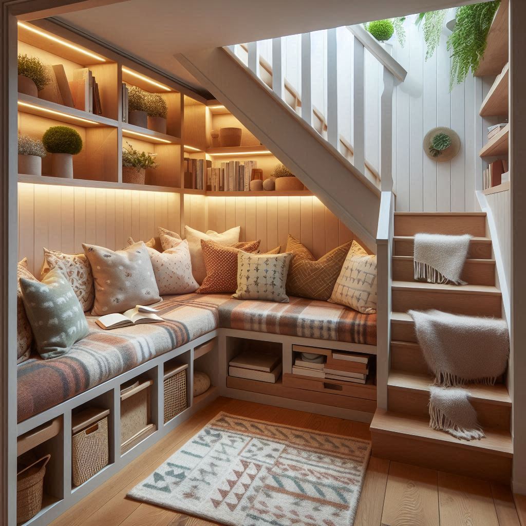 A smart and charming reading nook built under a staircase, with built-in bench seating, shelves fitted into the walls, soft lighting, patterned cushions, and cozy materials like flannel or wool. Small space magic with big personality.