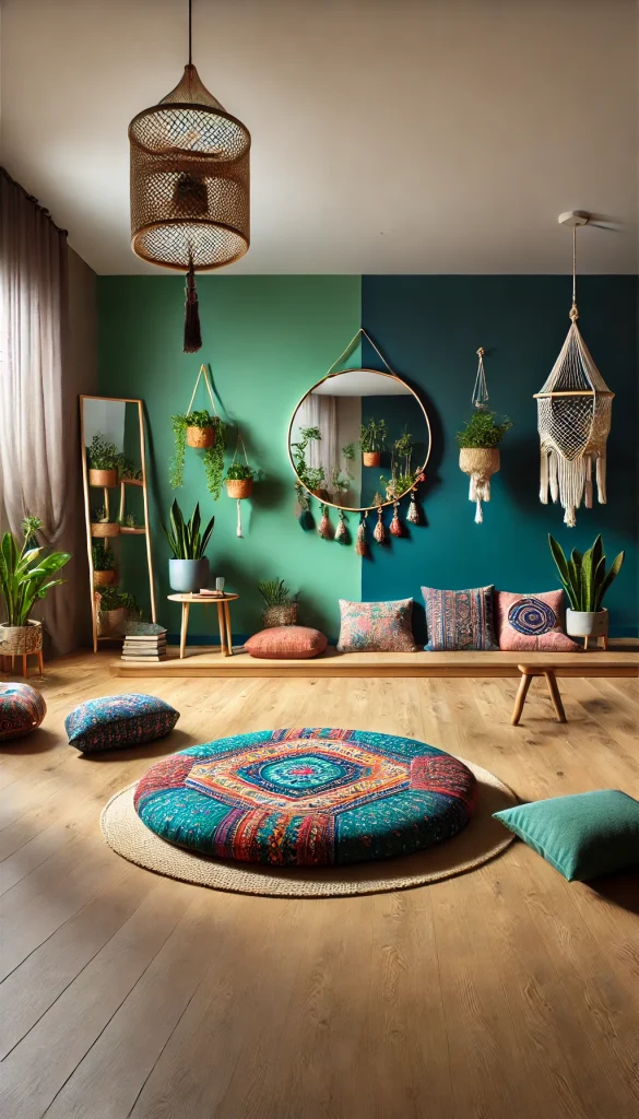 A modern meditation room with a bohemian twist. The room features a vibrant color scheme with an accent wall painted in a deep teal. A large, comfortable floor cushion with colorful patterns is at the center. Hanging plants and macrame plant holders add a touch of greenery. A small, low wooden table holds books on meditation and wellness. The flooring is a light bamboo, and a large, round mirror leans against one wall, reflecting the room's eclectic decor. Soft, patterned throw pillows are scattered around the space.