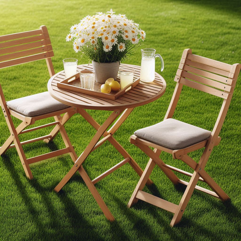 Lightweight, foldable wooden or metal bistro chairs and table placed directly on trimmed grass, with a tray of lemonade and a potted daisy centerpiece β budget-friendly and movable backyard setup