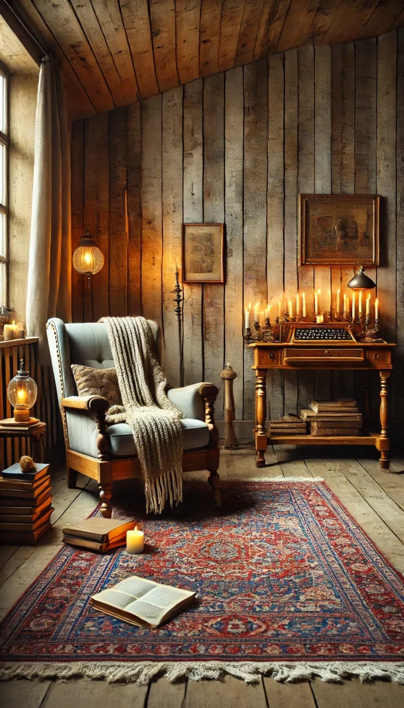 A cozy meditation space in a rustic setting. The room is designed with reclaimed wood walls and a vintage Persian rug on the floor. In one corner, there's a comfortable armchair with a knitted throw blanket. A stack of old books is placed next to the chair. The room includes a small, antique wooden desk with a vintage lamp. Soft, warm lighting from a hanging bulb adds to the ambiance. Several candles are arranged on a small table, casting gentle light and shadows around the room.