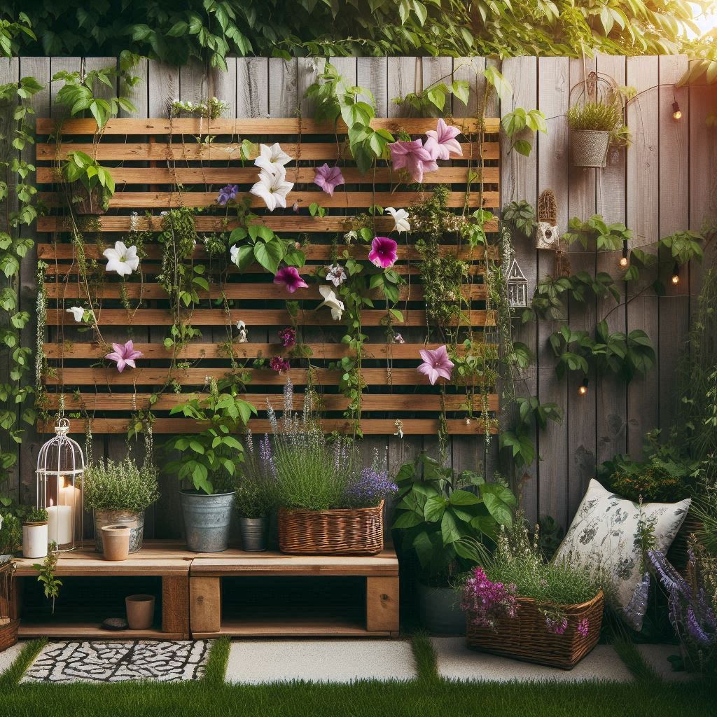 Simple wooden or metal trellis panels along a fence or wall, covered with climbing plants like clematis, jasmine, or morning glories, with small garden decor underneath β romantic, vertical garden idea for small yards