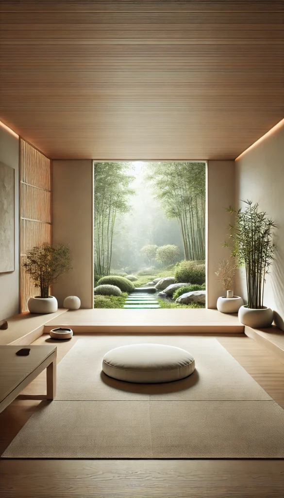 A tranquil meditation room featuring minimalist design with natural elements. The room has a low wooden platform with a simple white meditation cushion. Large, floor-to-ceiling windows show a serene garden view outside. Soft, natural light fills the room, enhancing the peaceful ambiance. The walls are painted in soft, earthy tones. A small, indoor water fountain is present, adding a soothing sound of water. There are also a few potted bamboo plants strategically placed around the room.