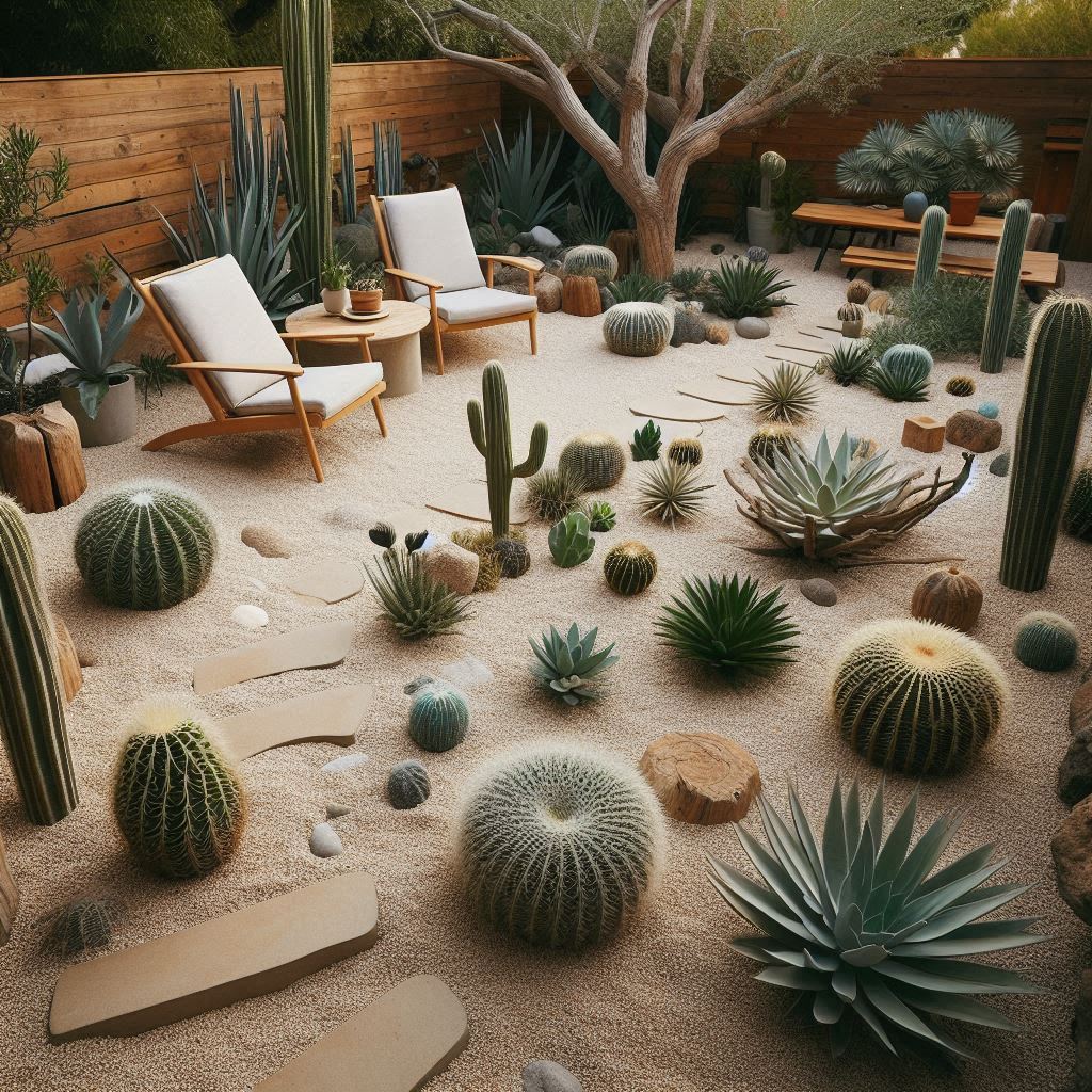 A compact backyard with sandy-colored gravel, desert plants like cacti, yucca, and aloe, accented with driftwood and minimal seating β low water, modern southwestern vibe
