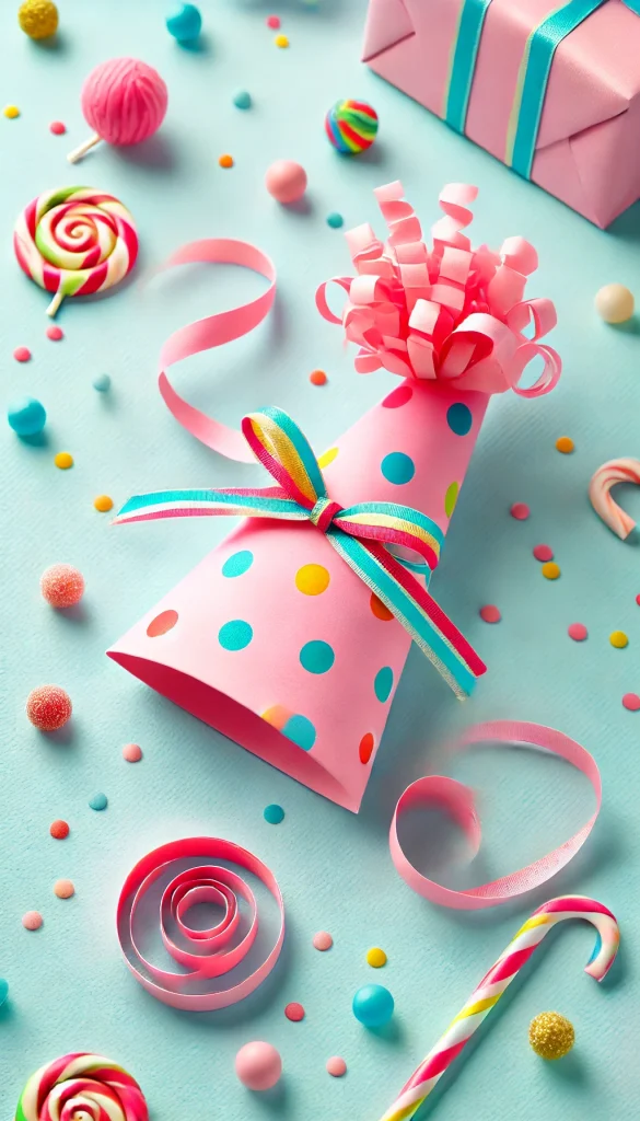 A vertical image showcasing a whimsical and playful gift wrapping style. The gift is a cone-shaped box wrapped in bright pink paper with colorful polka dots. It's tied with a multi-colored ribbon that curls playfully around the gift. The background features a light pastel blue surface with small toys and candy scattered around, creating a fun and festive atmosphere. This style is perfect for children's parties or as a creative presentation for any joyful occasion.