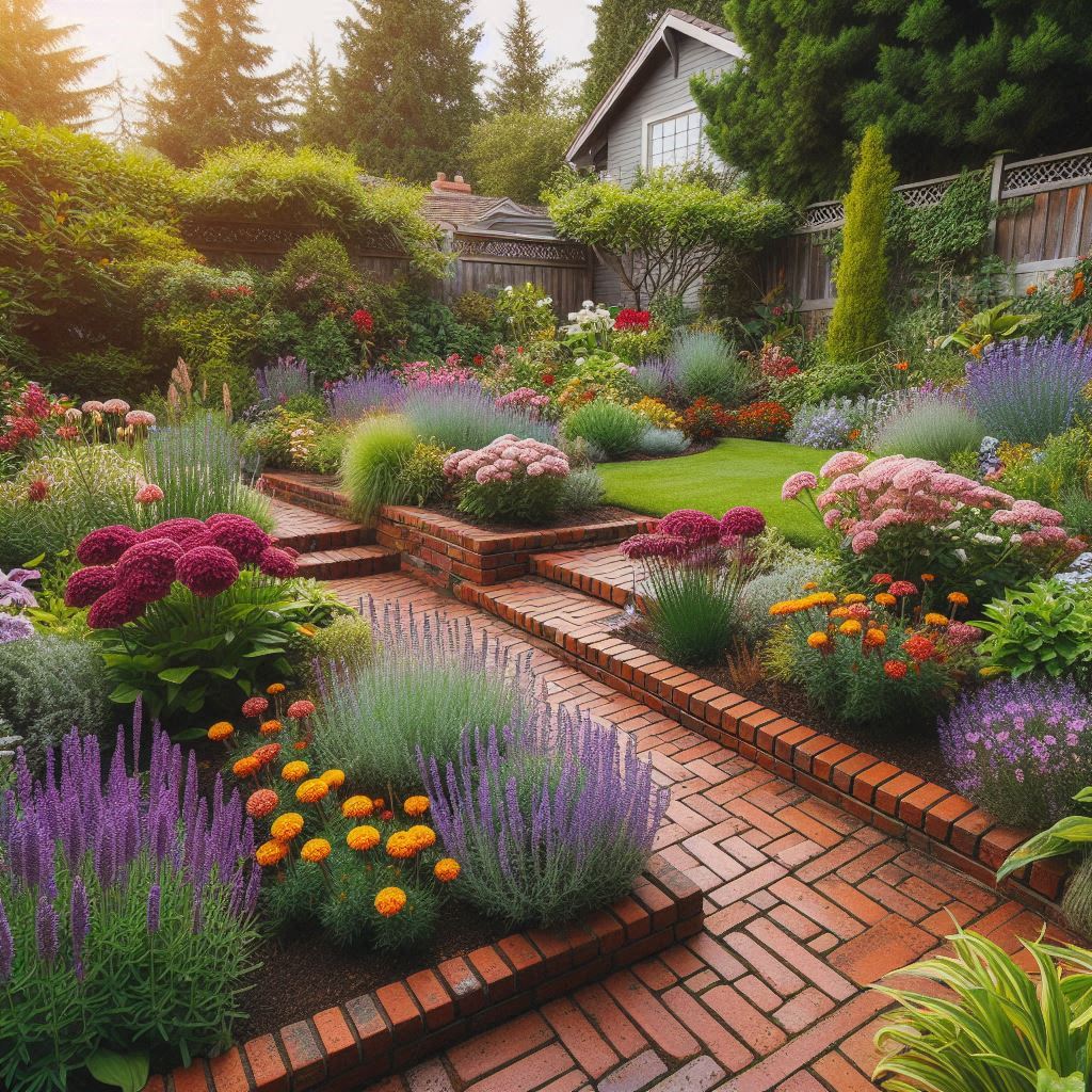 A backyard with flower beds bordered by rustic red bricks, filled with a mix of low-maintenance flowers and shrubs like marigolds, lavender, and hostas β traditional and easy to maintain