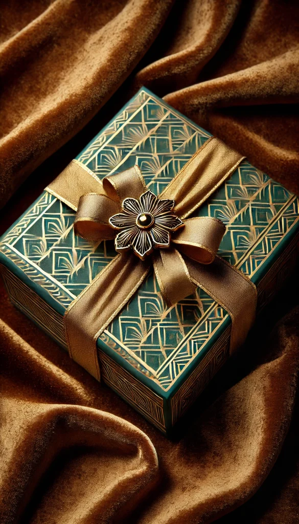 A vertical image depicting an opulent gift wrapping style with an Art Deco theme. The gift is a rectangular box wrapped in deep emerald green paper with gold geometric patterns. It's tied with a luxurious gold ribbon and topped with a decorative gold art deco ornament. The background is a rich, dark velvet surface, enhancing the vintage and glamorous feel of the gift wrapping. This style is ideal for upscale events or gifts that aim to impress with a touch of historical elegance.
