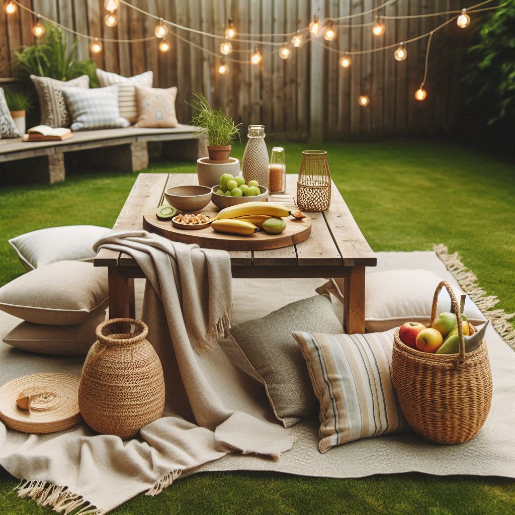 A basic picnic setup on a grassy backyard lawn with a low wooden table, a neutral outdoor blanket, throw pillows, a fruit bowl, and string lights above β boho-chic, picnic vibes for weekend lounging