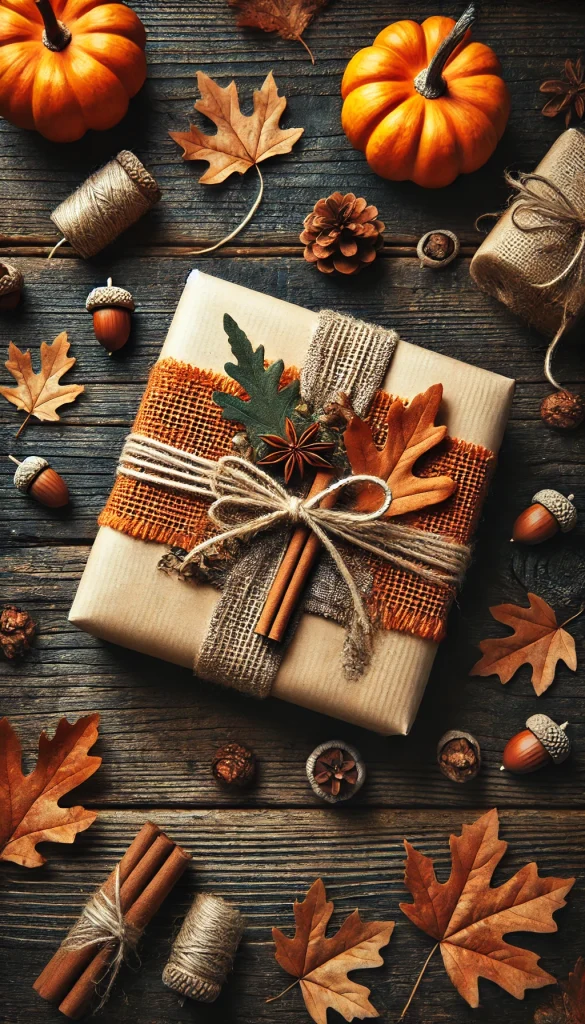 A vertical image featuring a rustic and autumnal gift wrapping style. The gift is a medium-sized box wrapped in orange burlap, tied with a twine ribbon. It's decorated with dried leaves and a cinnamon stick, enhancing the autumn feel. The background is a dark wooden table with scattered acorns and small pumpkins around, creating a cozy and seasonal atmosphere. This style is ideal for Thanksgiving gifts or autumn-themed events.