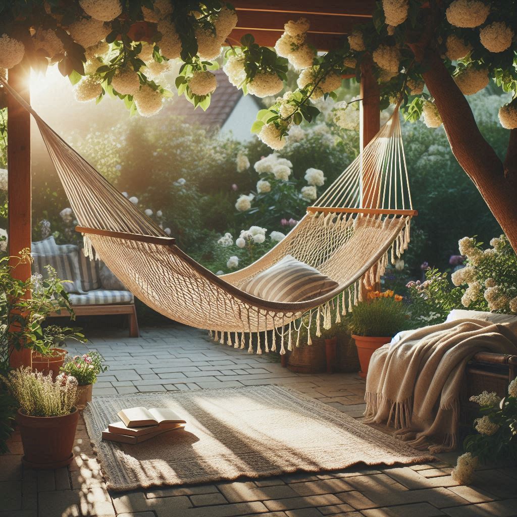 A backyard nook with a cotton rope hammock tied between two trees or mounted on a stand, surrounded by flowering shrubs, a few books on the ground, and soft filtered sunlight β perfect for relaxing and easy to set up