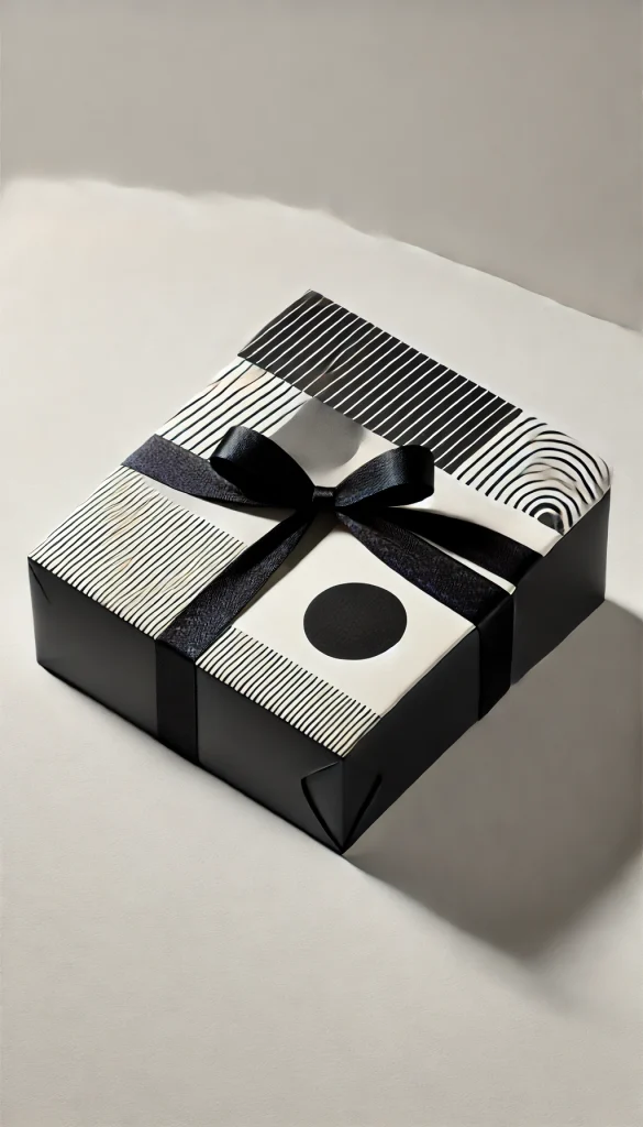 A vertical image showcasing a minimalist and stylish gift wrapping idea. The gift is a square box wrapped in matte black paper with a contrasting white geometric pattern. It's tied with a thin, glossy black ribbon, creating a sleek and modern look. The background is a clean white surface with minimal shadows, emphasizing the simplicity and elegance of the gift wrapping. This style is perfect for those who appreciate contemporary design aesthetics.