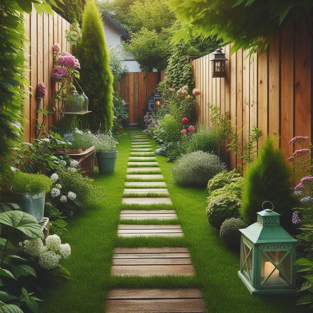 A narrow backyard with a simple wooden plank pathway leading through lush green grass, flanked by small flowering bushes and garden lanterns β fresh and natural, ideal for narrow or awkward spaces