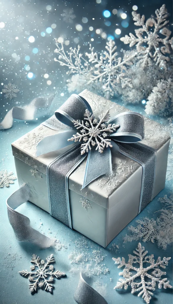 A vertical image depicting an elegant gift wrapping style with a winter wonderland theme. The gift is a large box wrapped in shiny silver paper, accented with a frosty blue ribbon and adorned with small sparkling snowflakes. The background features soft blue lighting and delicate faux snow scattered around, creating a magical and frosty atmosphere. This style is ideal for holiday gifts or winter-themed celebrations.