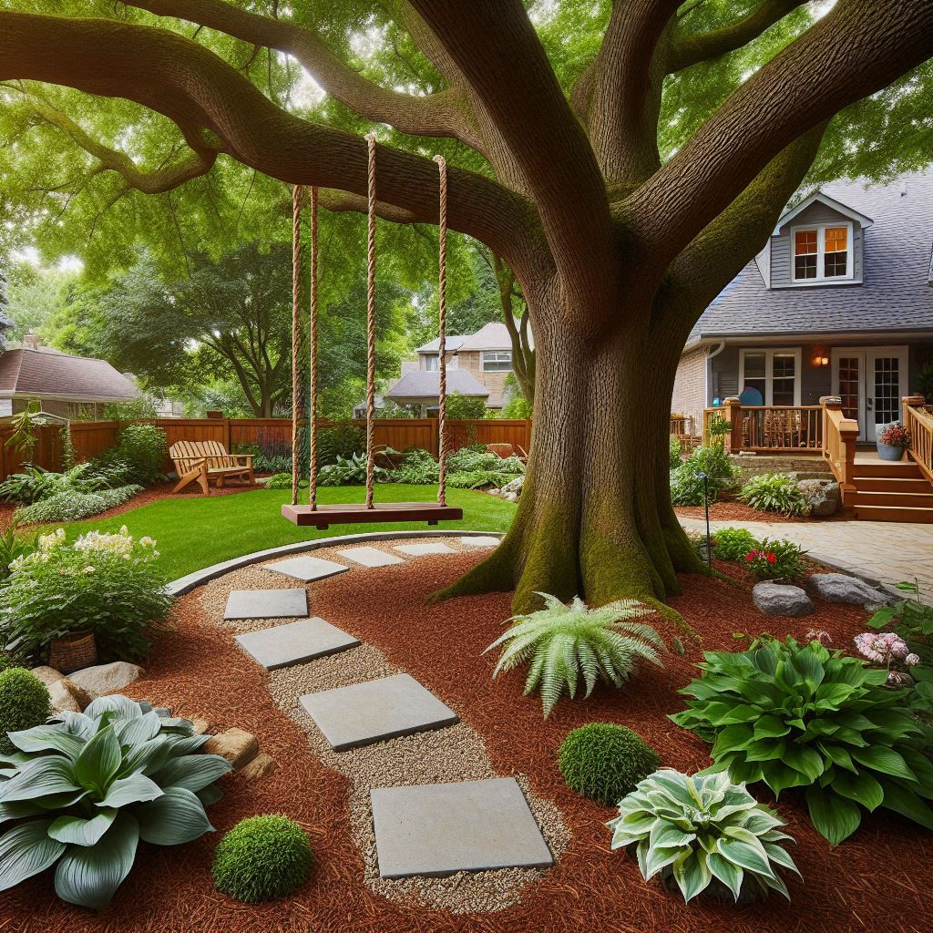 Backyard with a large tree featuring a rope swing, the base of the tree surrounded by a mulch bed with hostas and ferns, and a few stepping stones leading up β nostalgic and charming for families
