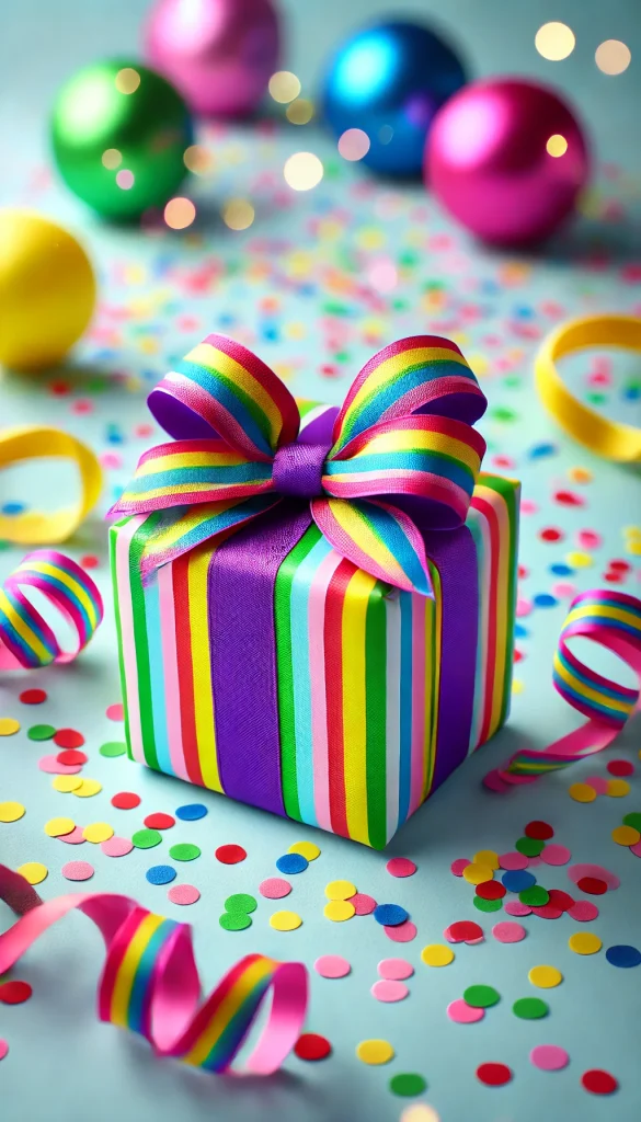 A vertical image showcasing a cheerful and colorful gift wrapping style. The gift is a small, round box wrapped in bright rainbow-striped paper. It's tied with a bold purple ribbon and topped with a large bow. The background is a festive setting with multi-colored confetti scattered around, giving the image a joyful and celebratory feel. This style is perfect for birthday parties or any fun occasion.