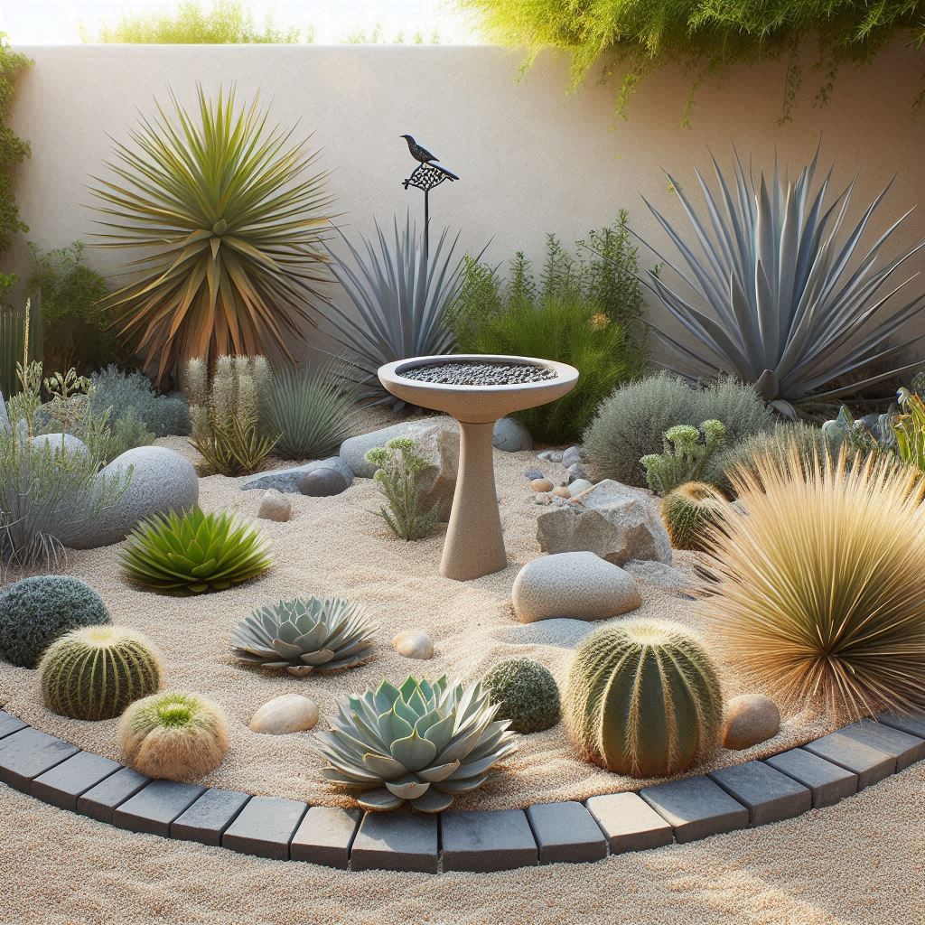 Simple gravel garden with desert-friendly plants like agave, aloe vera, and sedum, bordered by stone edging, with a metal sculpture or birdbath centerpiece β modern, low-water landscaping