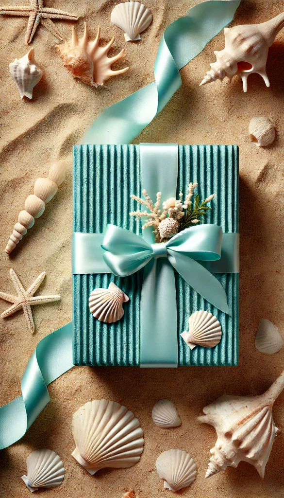A vertical image illustrating a creative gift wrapping idea with an ocean theme. The gift is a rectangular box wrapped in turquoise paper that mimics the texture of the sea. It's adorned with a white satin ribbon and a small cluster of real seashells tied to the ribbon. The background is a sandy texture, evoking a beach-like feel. This wrapping style is perfect for summer gifts or for those who love the ocean.