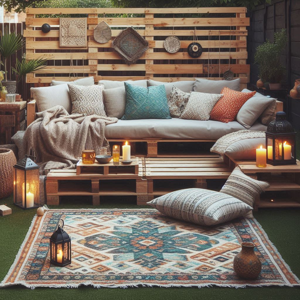 A relaxed backyard space with a DIY pallet sofa, comfy cushions, a patterned outdoor rug, and a few lanterns on the ground β casual, cozy backyard chill zone for warm evenings