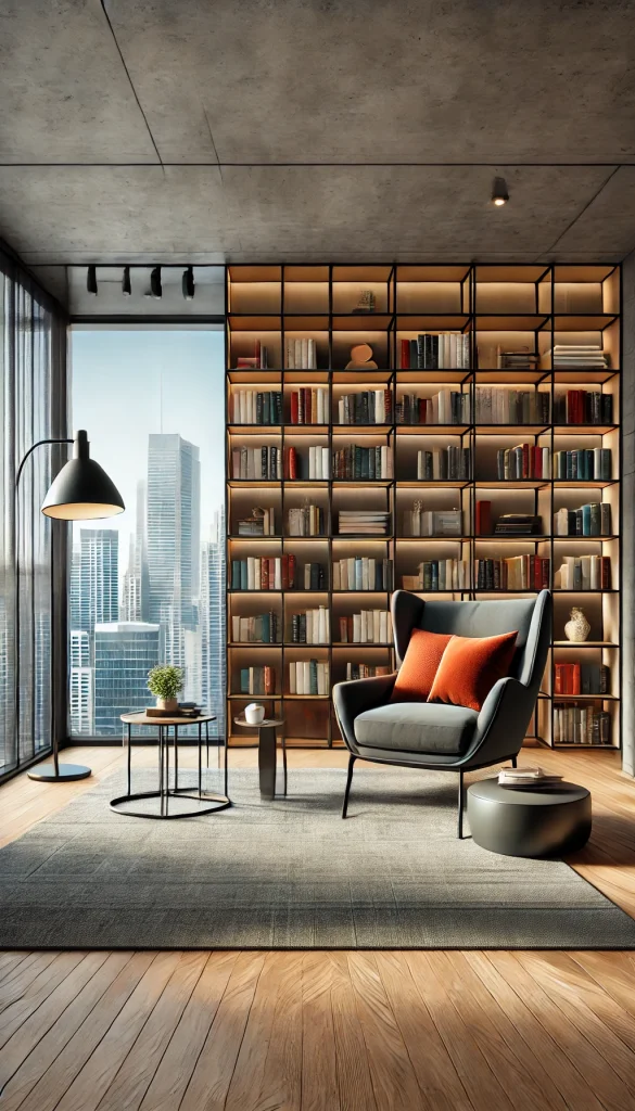 A contemporary urban-style book nook with sleek modern furniture, a large bookshelf, and a cozy window nook offering a view of the city skyline. The space is filled with clean lines, vibrant throw pillows, and a comfortable armchair. There is an elegant floor lamp, a stylish rug, and a small side table with a coffee cup, making the nook a perfect modern retreat for reading.