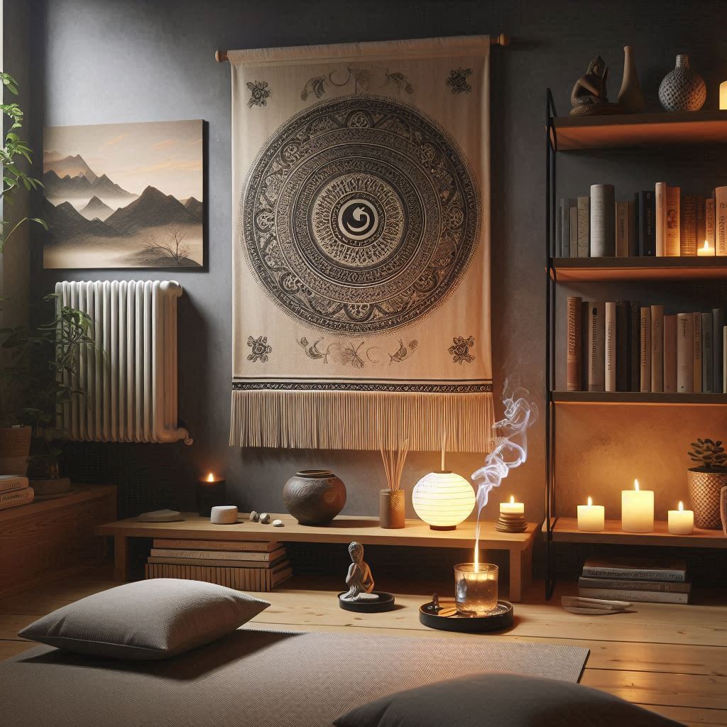 A peaceful reading corner combined with a meditation space: floor cushions, a low bookshelf, incense burning, a soft tapestry on the wall, gentle ambient lighting, a small indoor water fountain, and a minimal book selection focused on mindfulness and philosophy. The mood is tranquil and reflective.