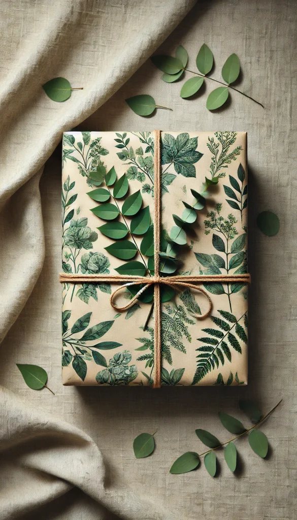 A vertical image featuring a sophisticated gift wrapping style with a botanical print. The gift is a large, flat box wrapped in eco-friendly paper printed with various green leaves and subtle floral accents. It's tied with a natural jute ribbon and adorned with a sprig of dried eucalyptus. The background is a simple linen fabric, complementing the natural and organic theme. This style is perfect for eco-conscious recipients or for gifts that complement a natural lifestyle.