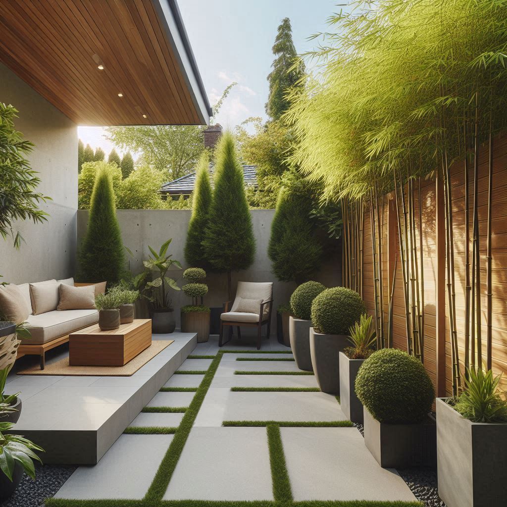 Backyard space with tall potted plants like bamboo or arborvitae used as a natural privacy screen, with a small seating area and neutral stone tiles β modern, low-maintenance privacy landscaping