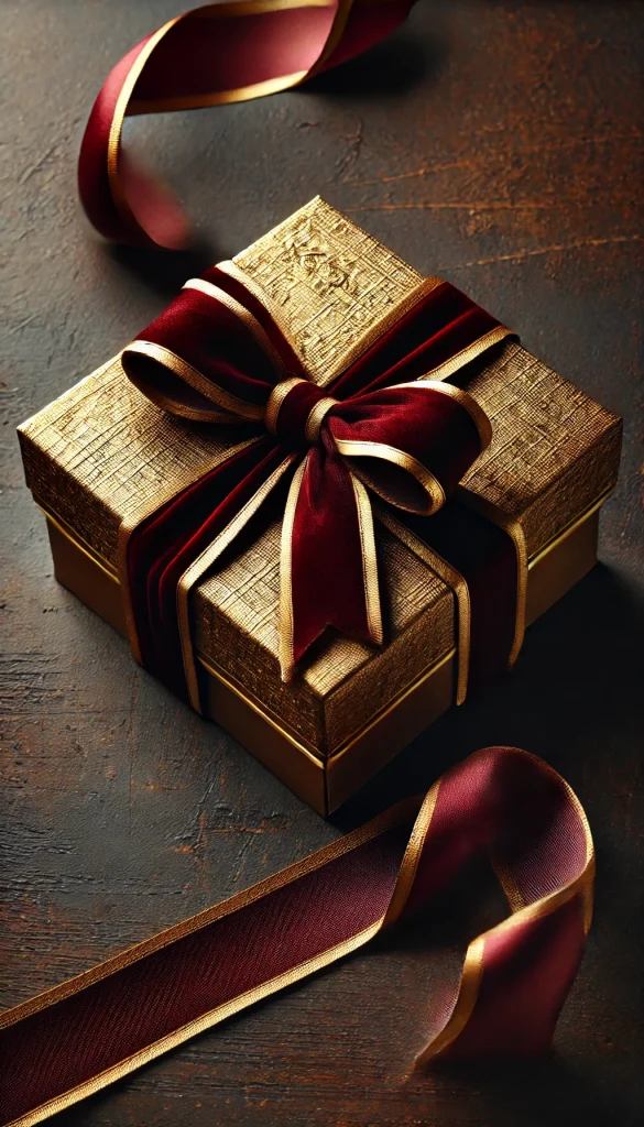 A vertical image showcasing a luxurious gift wrapping idea with a vintage gold theme. The gift is a square box wrapped in textured gold foil paper, tied with a thick burgundy velvet ribbon. The ribbon is elegantly knotted, with the ends cascading down the side of the box. The background is a dark mahogany surface, enhancing the opulent and regal feel of the wrapping. This style is perfect for exclusive events or high-end gifts that require a sophisticated presentation.