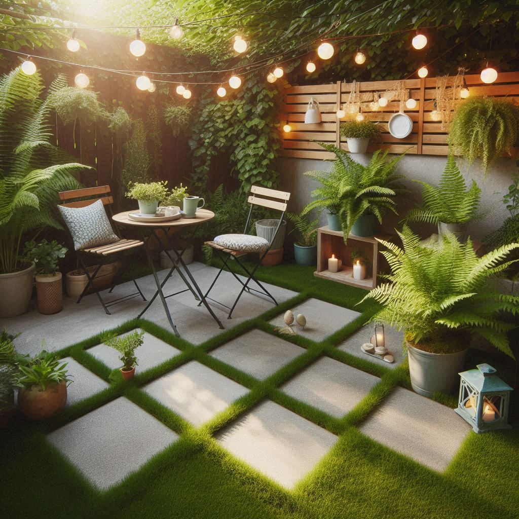 A compact backyard patio made with square concrete pavers, spaced with grass or moss in between, featuring a small bistro table set, potted plants with ferns and ivy, and hanging string lights β simple, elegant, and budget-friendly