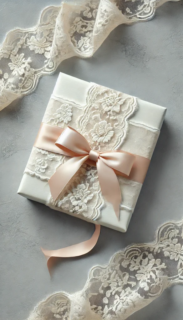 A vertical image illustrating an elegant gift wrapping idea with a lace theme. The gift is a medium-sized box wrapped in soft ivory paper, overlaid with delicate white lace fabric. It's tied with a thin satin ribbon in a light blush color, forming a graceful bow. The background is a subtle, light grey texture that complements the soft and romantic vibe of the wrapping. This style is perfect for weddings, anniversaries, or any occasion that calls for a touch of elegance and romance.