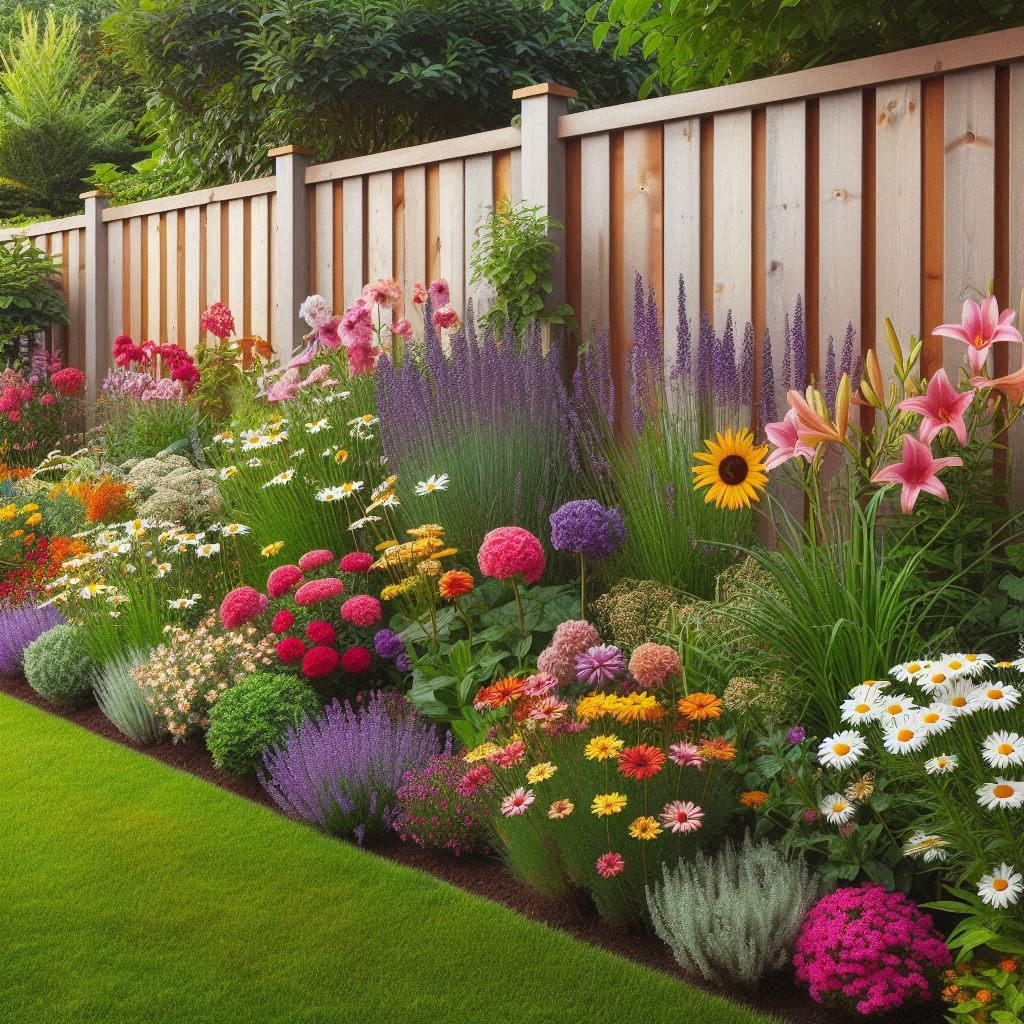 A plain wooden fence lined with colorful perennial flowers like lavender, daisies, and daylilies, with a tidy lawn in front β vibrant, easy-care garden with a cheerful suburban feel