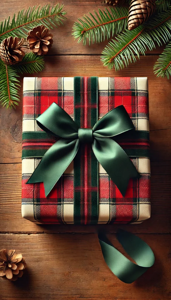 A vertical image showcasing a classic gift wrapping style. The gift is a rectangular box wrapped in traditional red tartan plaid paper, tied with a thick green velvet ribbon. The bow is large and perfectly shaped, sitting atop the box. The background features a warm wooden surface with a small pine branch and pine cones, creating a cozy and festive holiday atmosphere. This style is ideal for Christmas or any winter celebration.