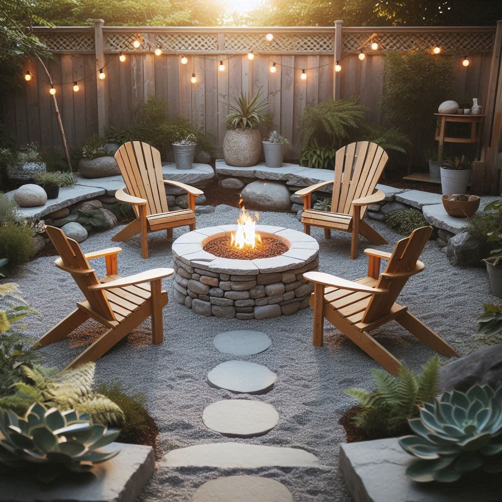 A simple circular backyard fire pit made of stone, surrounded by four Adirondack chairs on a gravel base, string lights hanging above, and some potted plants nearby β warm and inviting for small gatherings