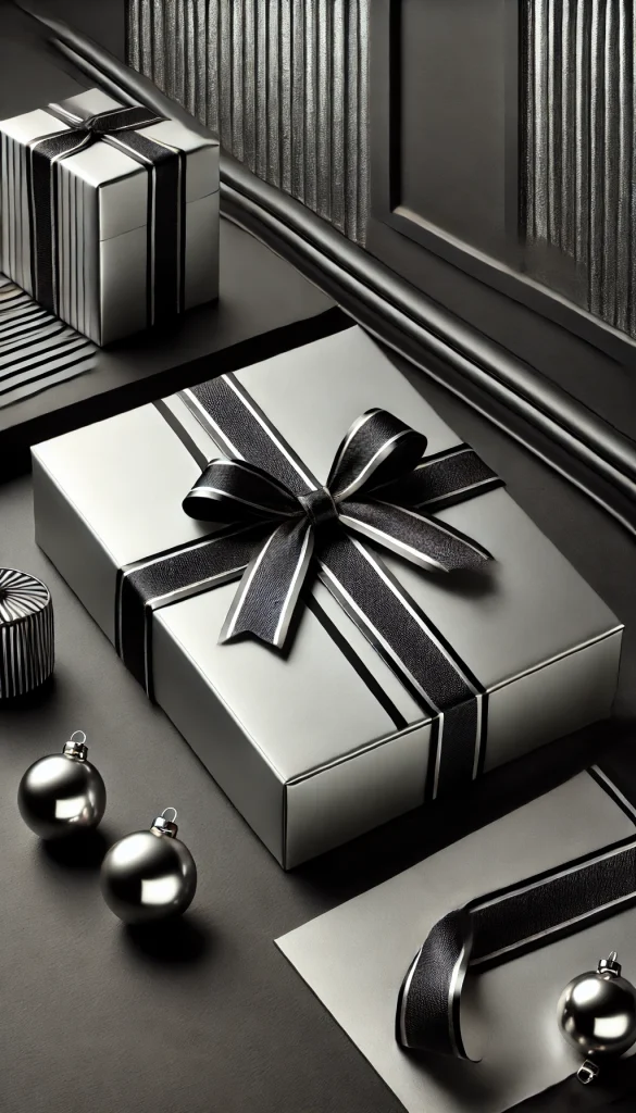 A vertical image depicting a modern gift wrapping style using metallic elements. The gift is a rectangular box wrapped in sleek, metallic silver paper, complemented by a bold black ribbon. The setting includes a minimalist black table with a few metallic silver ornaments scattered around, creating a stylish and contemporary look. This design is perfect for tech gadgets or luxury items, giving off a sophisticated and modern vibe.